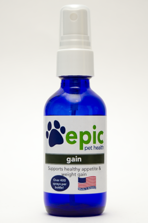 The Gain all natural supplement supports a healthy appetite & promotes weight gain. This supplement is for weak or ill pets. It will not promote weight gain in healthy pets. It's easy to use - apply to food, water and body. The liquid is odorless so pets won't know it's on their food. Made in USA.
