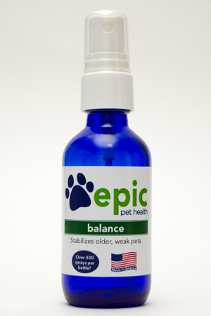Balance All Natural Pet Supplement for Older or Weak Pets. Easy to use spray on body, food & water.