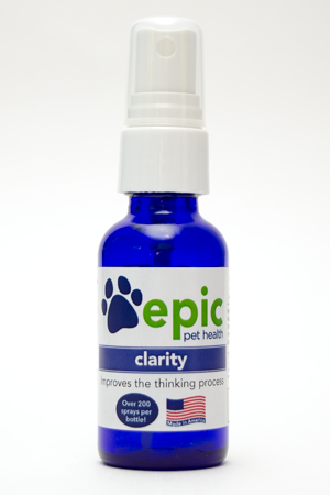 Clarity Natural Pet Remedy by Epic Pet Health Helps with Cognition and Mental Processes. Simply spray the pet or put in their food and water. Human grade, odorless and tasteless sprays are easy to use. Made in USA.