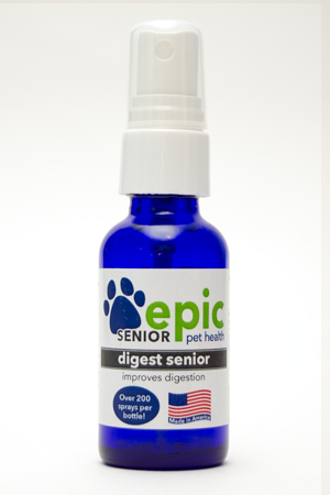 Digest Senior Natural Pet Remedy helps support gastric needs in senior pets. This is a combination of several Epic Pet Health products to support senior needs for digestion. Spray the odorless, tasteless remedy directly on food at mealtime. Can be. used on young pets who need extra digestive support. Made in USA.