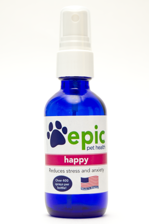 Happy All Natural Pet Supplement for Anxious Pets Experiencing Separation Anxiety and other Stressful Situations. Easy and quick to use by misting over face. Also put in food and water for continued support.