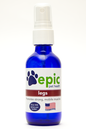 Legs All Natural Pet Supplement for Leg Strength and Joint Support. Easy to use by spraying on body, food and water. Works wonders for aging pets having difficulty with leg strength. Made in USA.