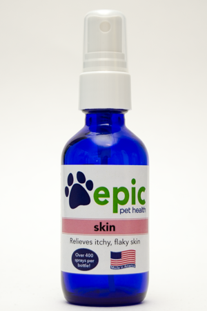 Skin Natural Pet Remedy by Epic Pet Health Helps Pets with Itchy Skin. It promotes healthy skin and coats for all pets. It also relieves scratchy, dry skin and helps ease discomfort from flea bites and other skin irritants. Easy to use - just spray on the pet and put on food and water. Odorless & human grade. 